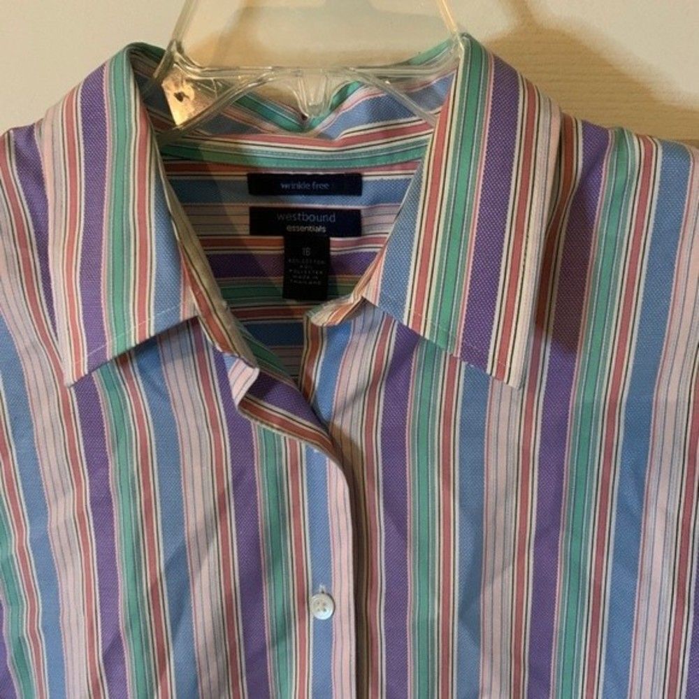 Westbound Essentials Womens Size 16 Striped Button Down Shirt Wrinkle Free 3/4 - Picture 2 of 3